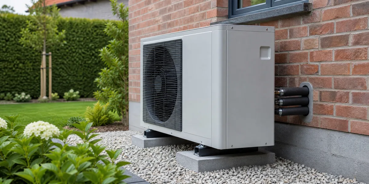 Pompe à chaleur air-eau contre une façade en brique